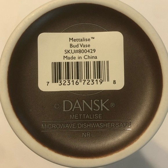 DANSK NIB Metallise Bud Vase 7.25" White Bronze Brown Band Crackle Flowers - Picture 9 of 10